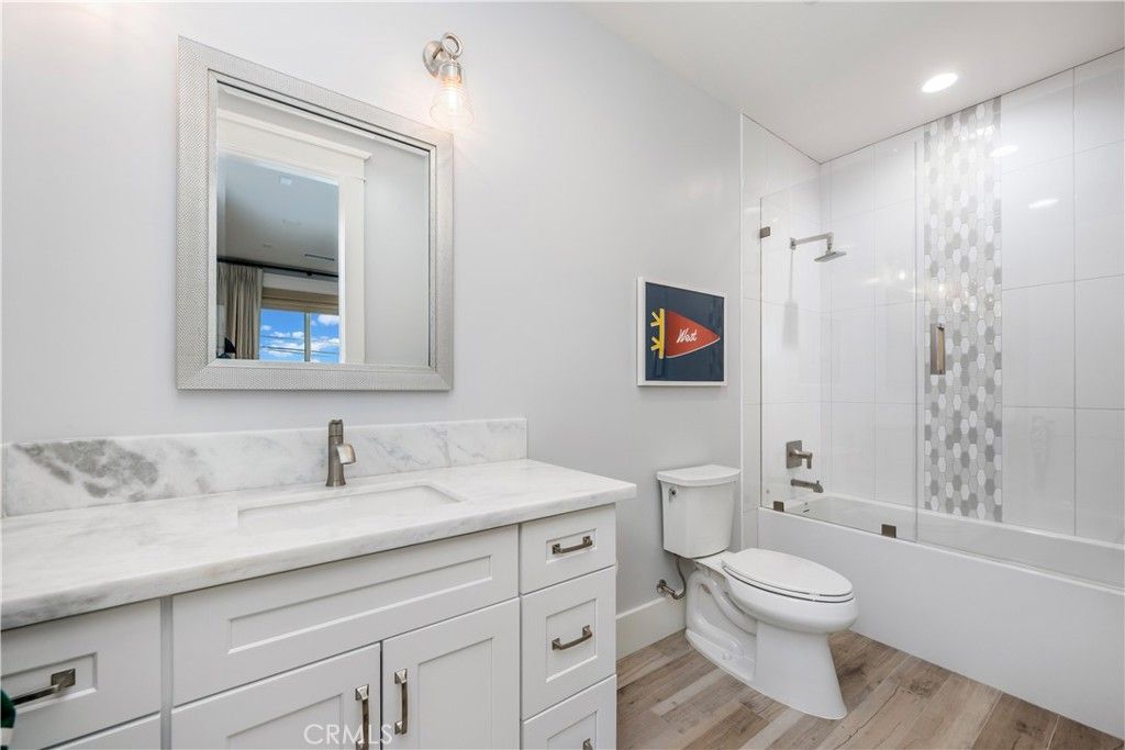 Bathroom, Glass Shower, Interior, Recessed Lighting, Wood Texture Flooring