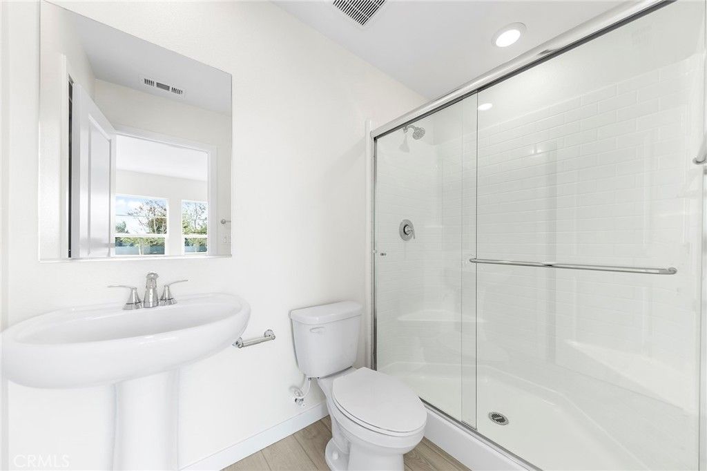 Bathroom, Glass Shower, Interior, Recessed Lighting, Wood Texture Flooring
