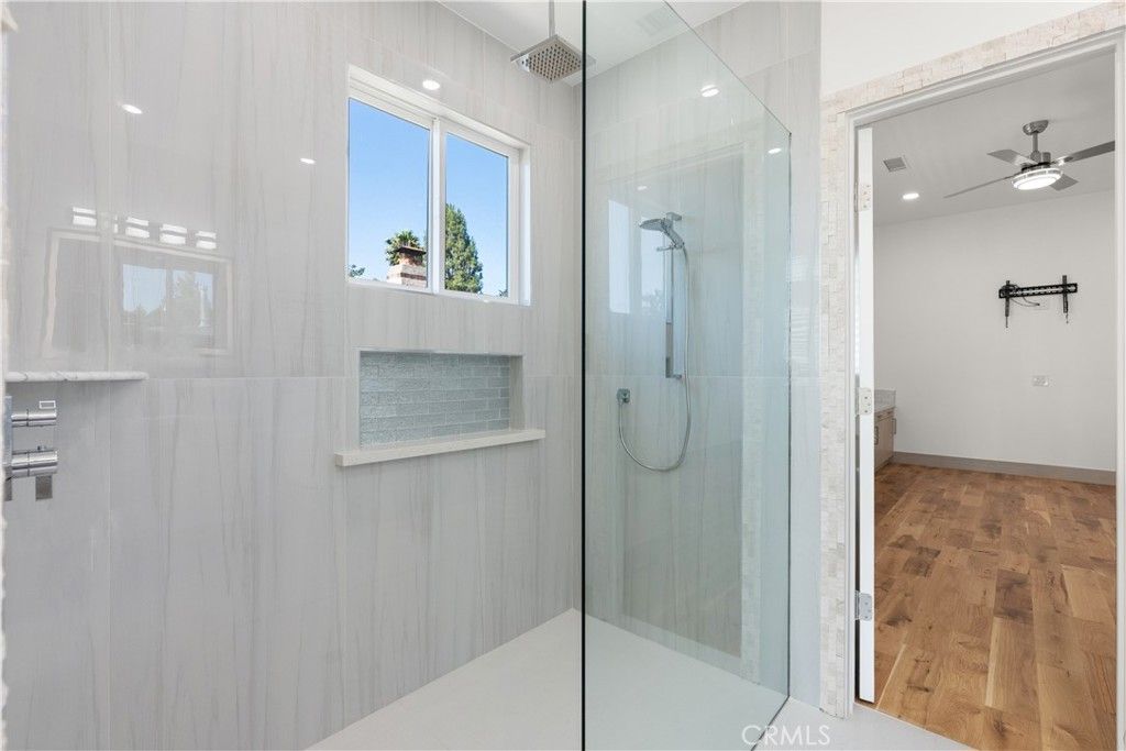 Bathroom, Glass Shower, Interior, Recessed Lighting, Wood Texture Flooring