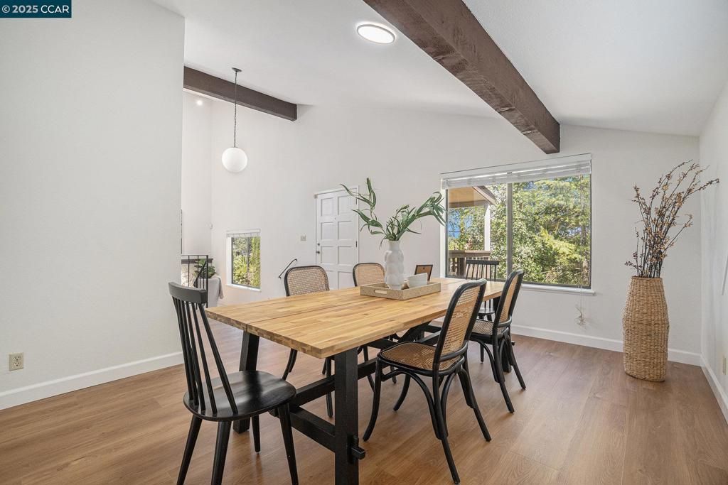 Dining room, Interior, Pendant Lights, Recessed Lighting, Wooden Beams, Wood Texture Flooring
