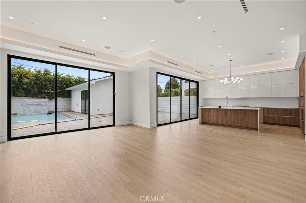 Empty room, Interior, Kitchen, Pendant Lights, Recessed Lighting, Wood Texture Flooring