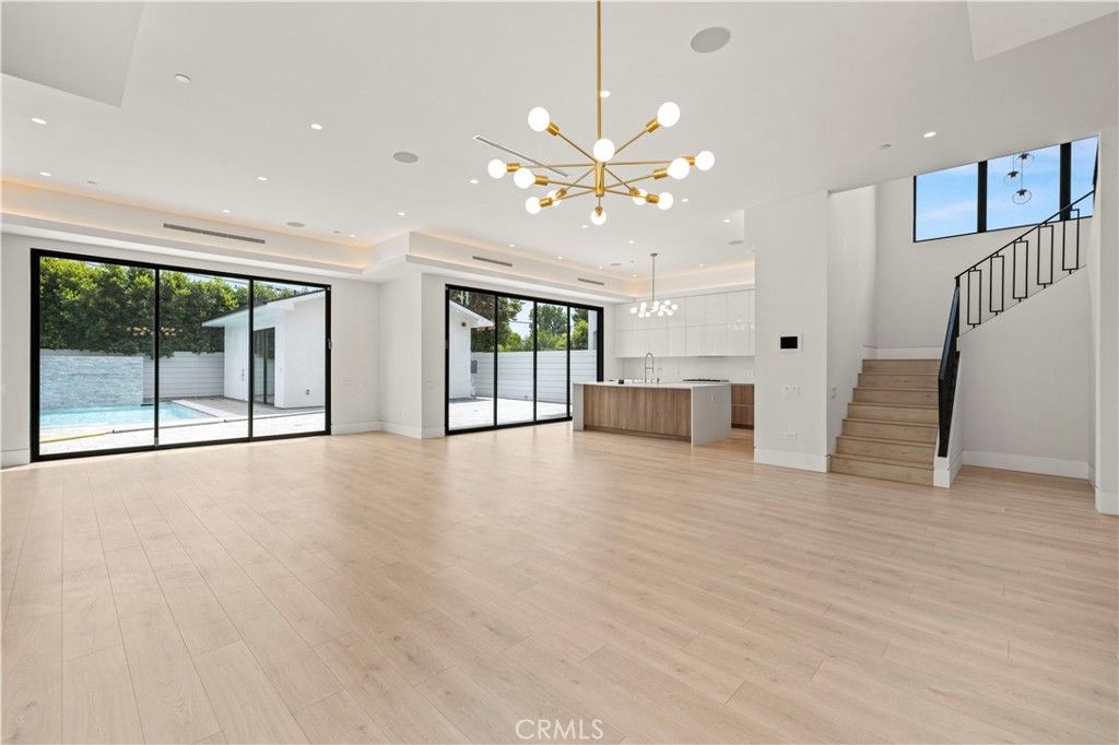 Empty room, Interior, Kitchen, Pendant Lights, Recessed Lighting, Wood Texture Flooring