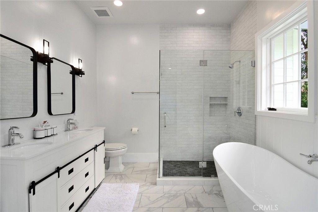 Bathroom, Dual Sink Vanities, Free Standing Baths, Glass Shower, Interior, Marble, Recessed Lighting