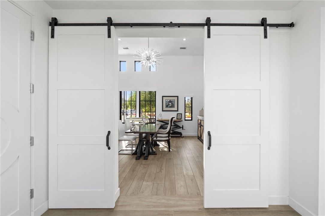 Dining room, Interior, Pendant Lights, Recessed Lighting, Wood Texture Flooring