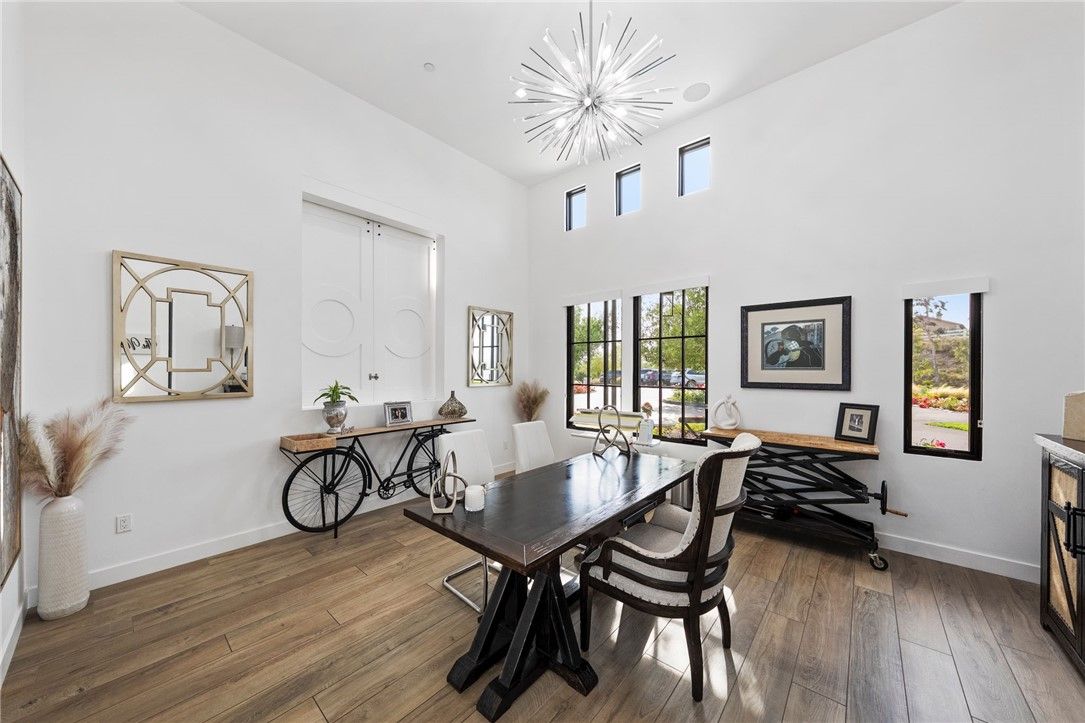 Dining room, Interior, Pendant Lights, Wood Texture Flooring