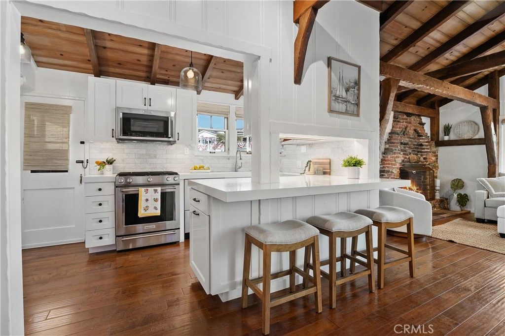 Fireplace, Interior, Kitchen, Pendant Lights, Stainless Steel Appliances, Wooden Beams, Wooden Ceilings, Wood Texture Flooring