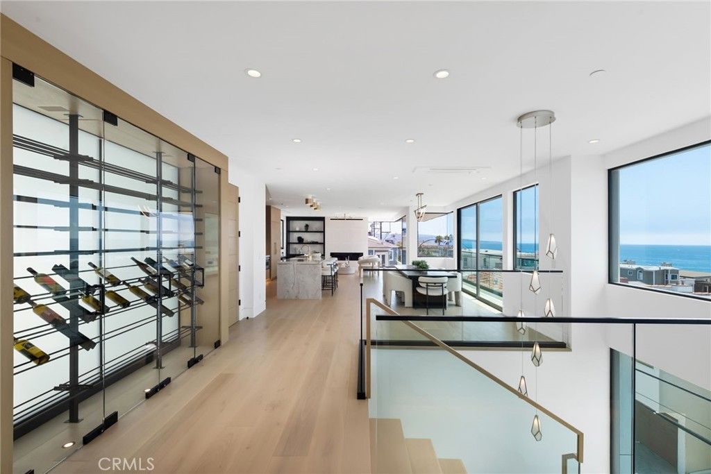 Dining room, Interior, Kitchen, Pendant Lights, Recessed Lighting, Water, Wine Storage, Wood Texture Flooring