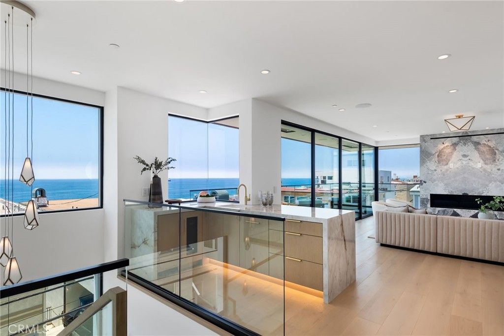 Fireplace, Interior, Kitchen, Living room, Pendant Lights, Recessed Lighting, Water, Wood Texture Flooring