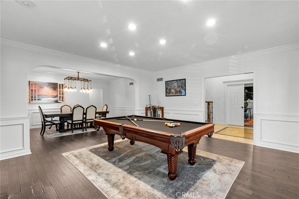 Billiard Table, Dining room, Game Room, Interior, Pendant Lights, Recessed Lighting, Wood Texture Flooring