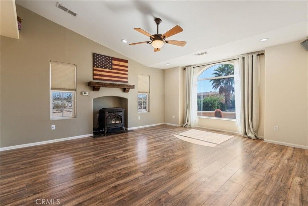 Empty room, Fireplace, Interior, Recessed Lighting, Wood Texture Flooring