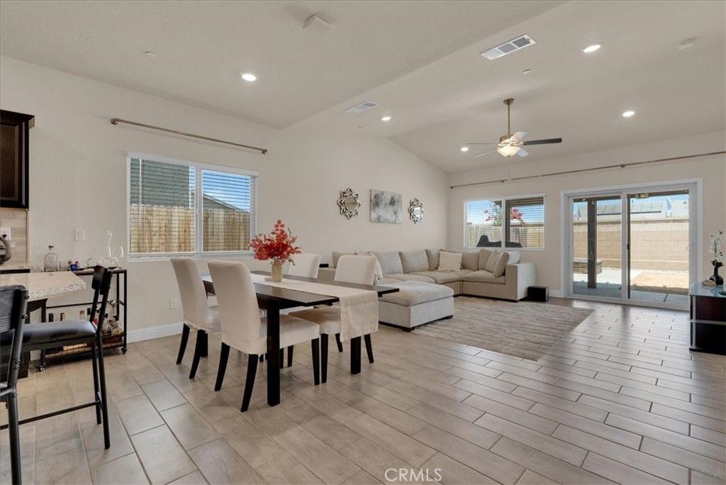 Dining room, Interior, Living room, Recessed Lighting, Wood Texture Flooring