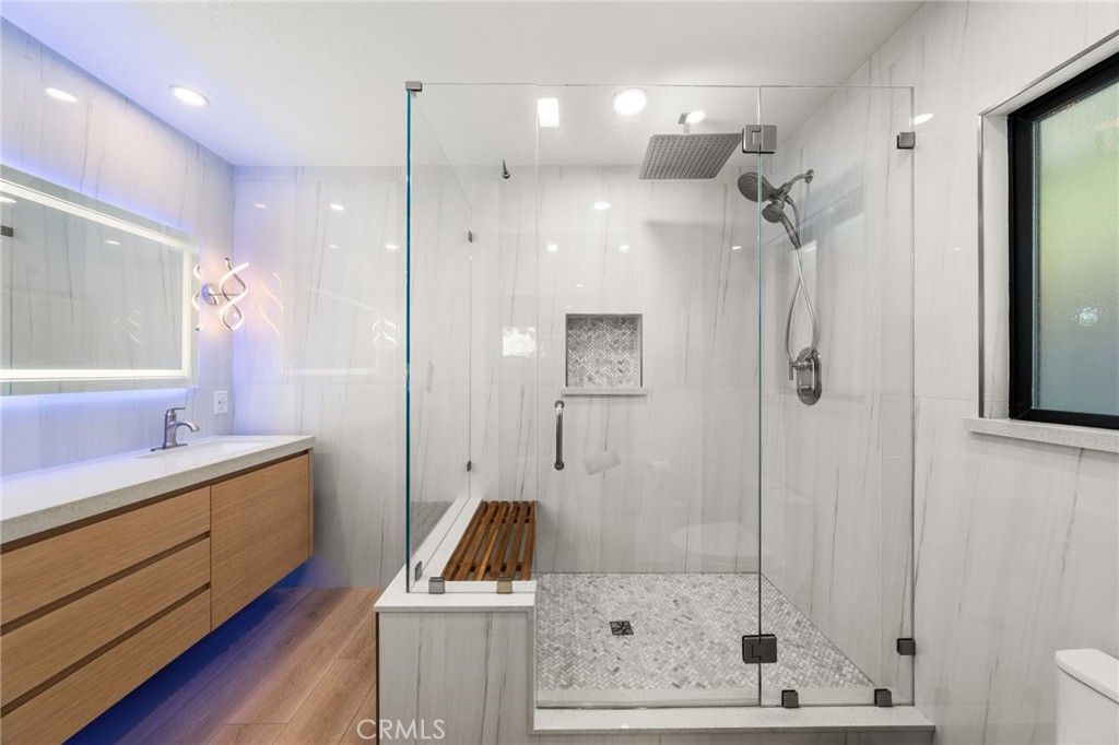 Bathroom, Glass Shower, Interior, Recessed Lighting, Wood Texture Flooring