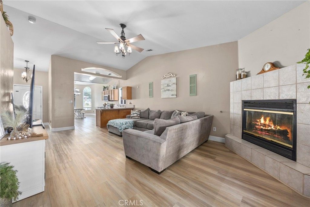 Fireplace, Interior, Living room, Pendant Lights, Wood Texture Flooring