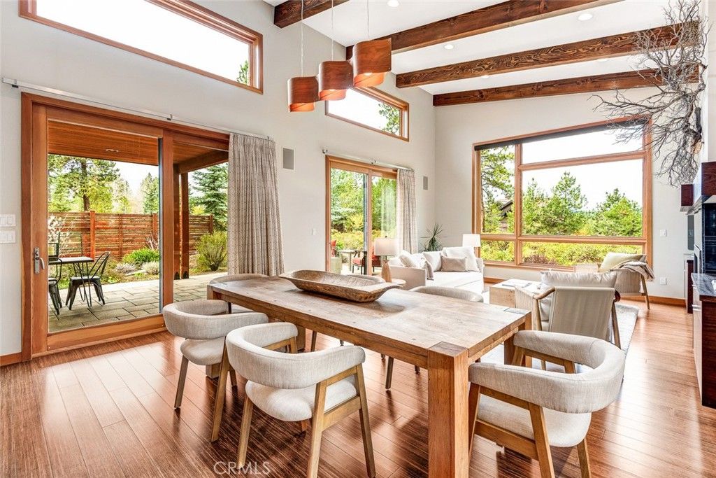 Dining room, Interior, Living room, Pendant Lights, Recessed Lighting, Wooden Beams, Wood Texture Flooring