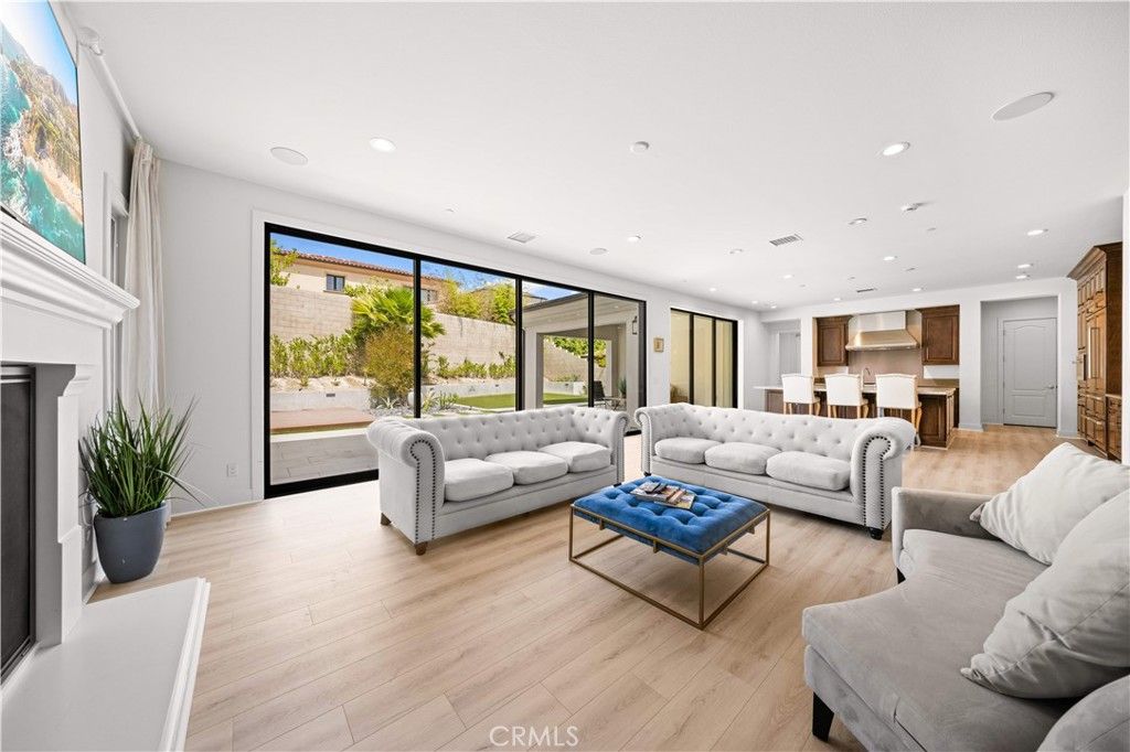 Fireplace, Interior, Kitchen, Living room, Recessed Lighting, Wood Texture Flooring