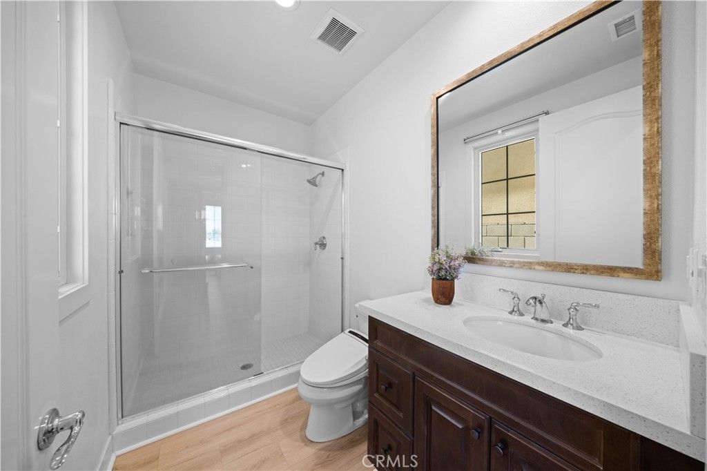 Bathroom, Glass Shower, Interior, Recessed Lighting, Wood Texture Flooring
