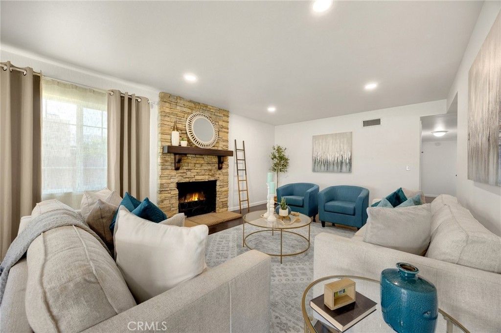 Fireplace, Interior, Living room, Recessed Lighting, Stone Walls