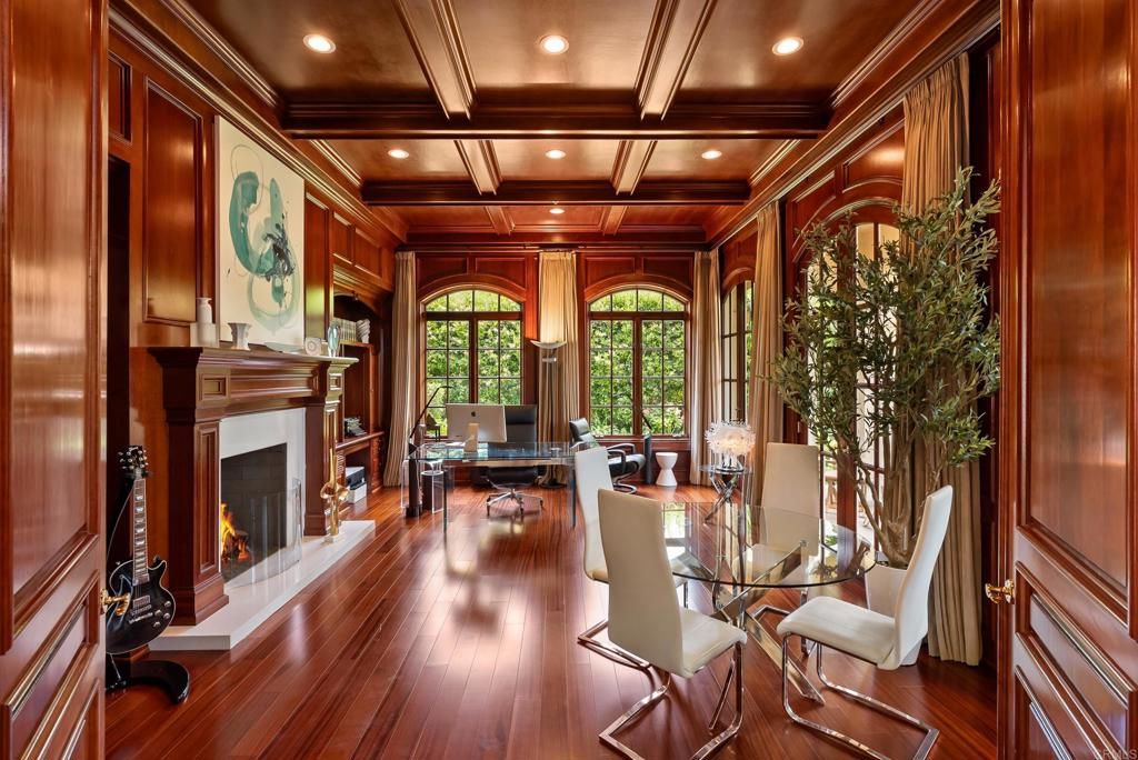 Fireplace, Home Office, Interior, Recessed Lighting, Wooden Beams, Wooden Ceilings, Wood Texture Flooring, Wooden Walls