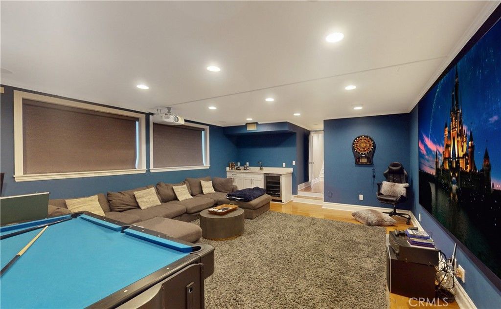 Billiard Table, Game Room, Interior, Living room, Projection Screen, Recessed Lighting, Wood Texture Flooring