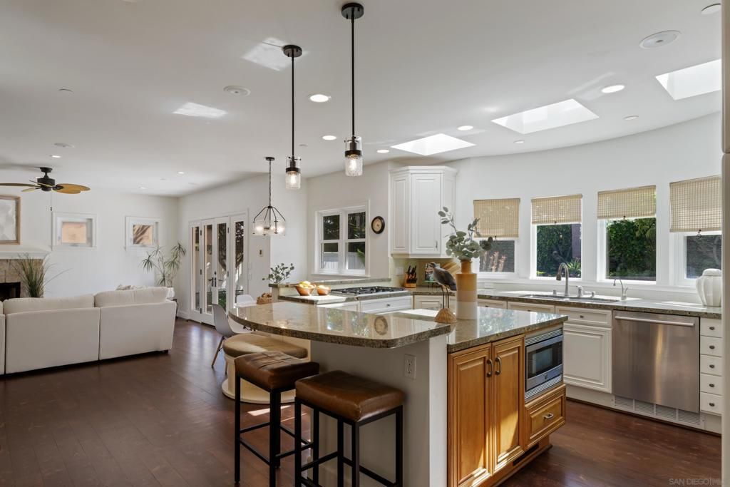 Fireplace, Interior, Kitchen, Living room, Pendant Lights, Recessed Lighting, Wood Texture Flooring