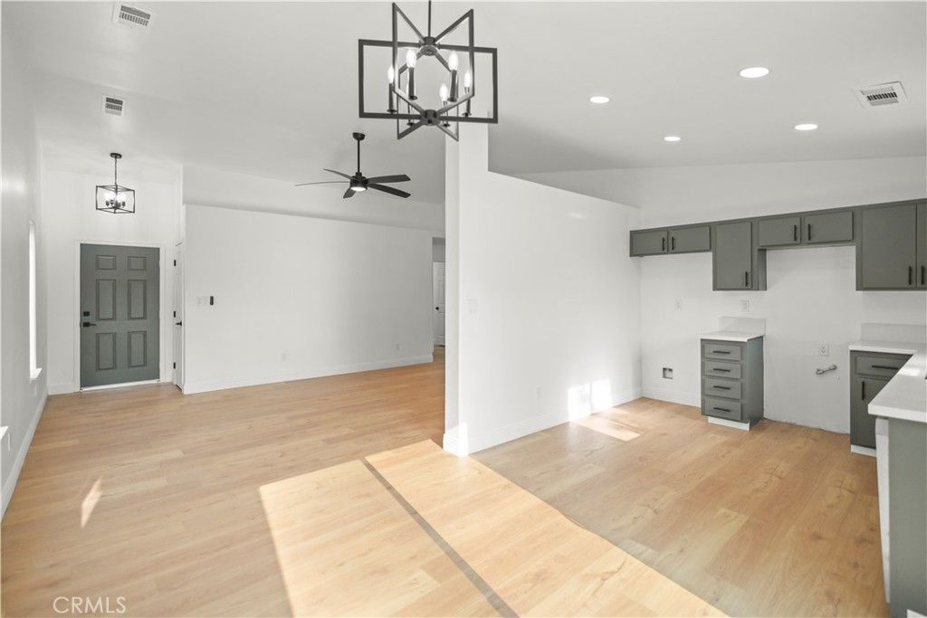 Empty room, Interior, Kitchen, Pendant Lights, Recessed Lighting, Wood Texture Flooring