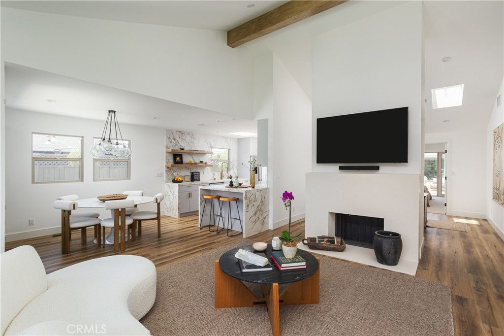 Dining room, Fireplace, Interior, Kitchen, Living room, Pendant Lights, Recessed Lighting, Wooden Beams, Wood Texture Flooring