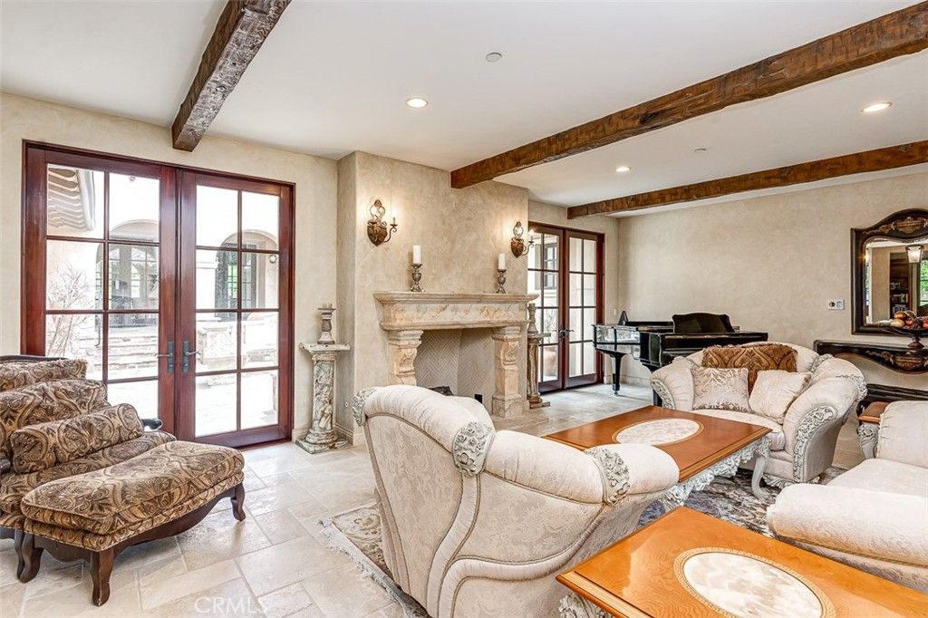 Fireplace, Interior, Living room, Piano, Recessed Lighting, Wooden Beams