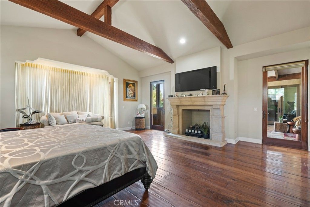 Bedroom, Fireplace, Interior, Recessed Lighting, Wooden Beams, Wood Texture Flooring