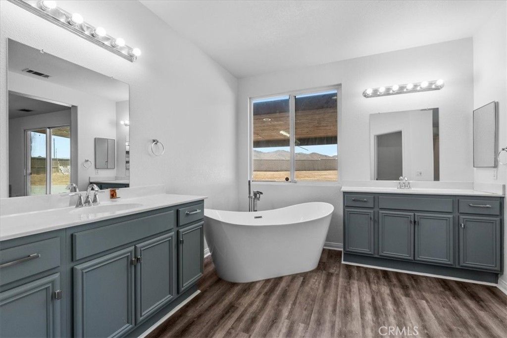 Bathroom, Dual Sink Vanities, Free Standing Baths, Interior, Wood Texture Flooring