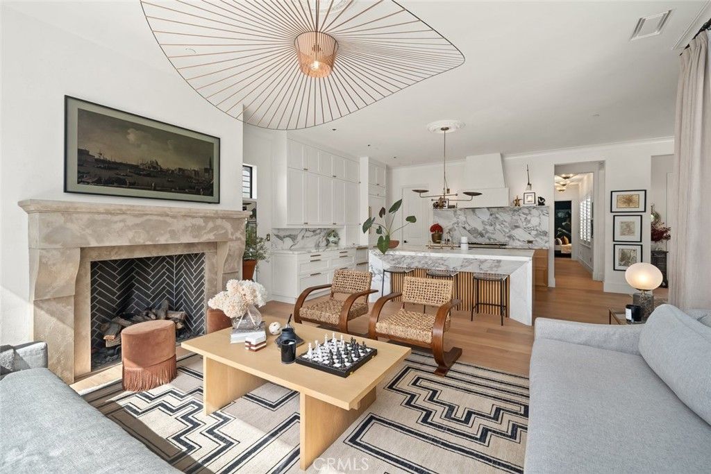 Fireplace, Interior, Kitchen, Living room, Marble Walls, Pendant Lights, Wood Texture Flooring
