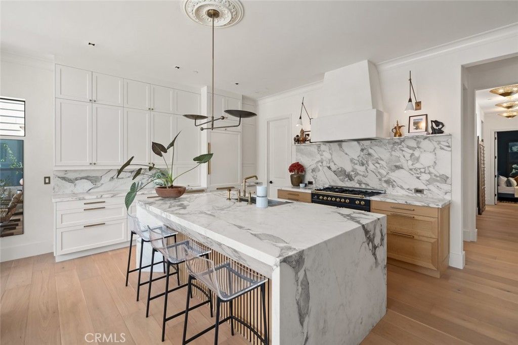 Interior, Kitchen, Marble Walls, Pendant Lights, Recessed Lighting, Wood Texture Flooring