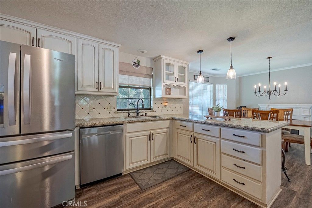 Chandelier, Interior, Kitchen, Pendant Lights, Stainless Steel Appliances, Wood Texture Flooring