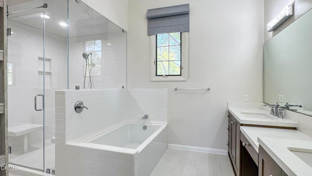 Bathroom, Dual Sink Vanities, Glass Shower, Interior, Recessed Lighting, Wood Texture Flooring