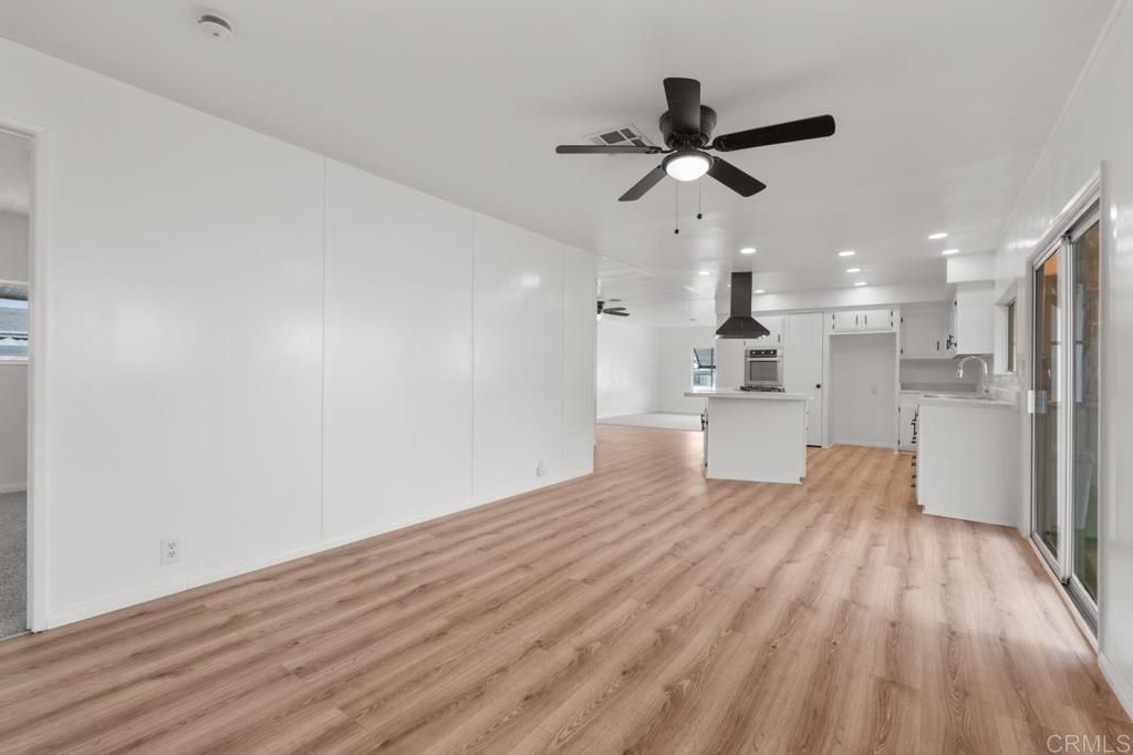 Empty room, Interior, Kitchen, Recessed Lighting, Wood Texture Flooring