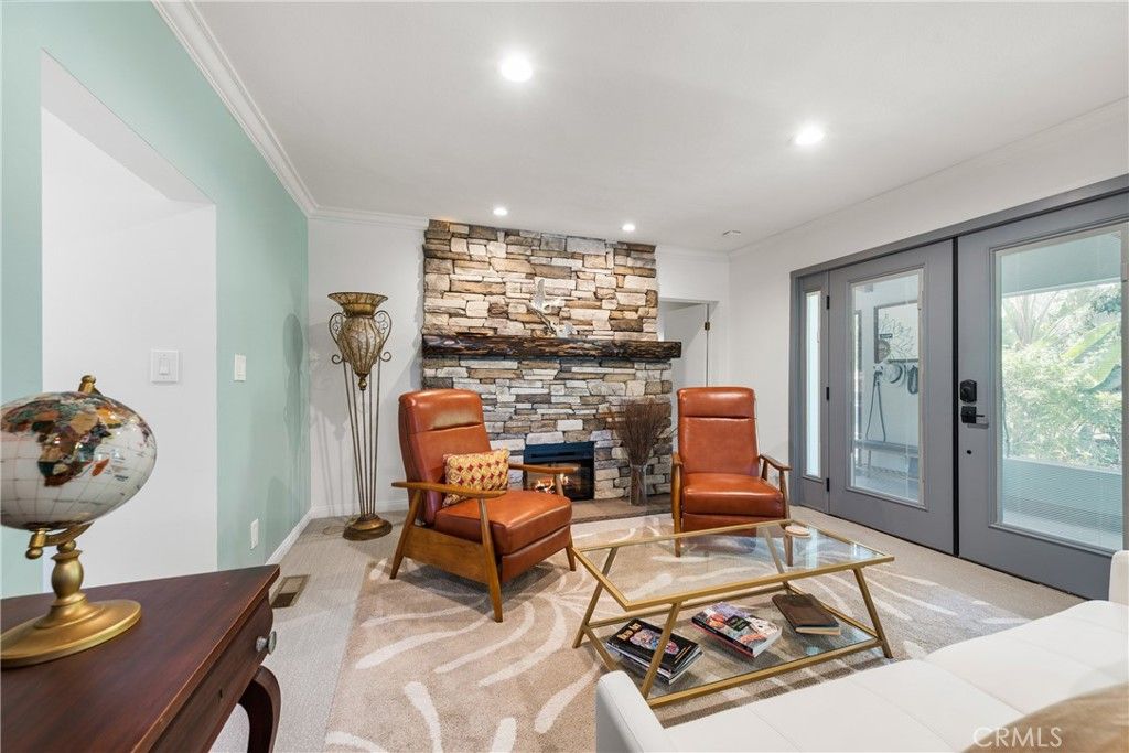 Fireplace, Interior, Living room, Recessed Lighting, Stone Walls