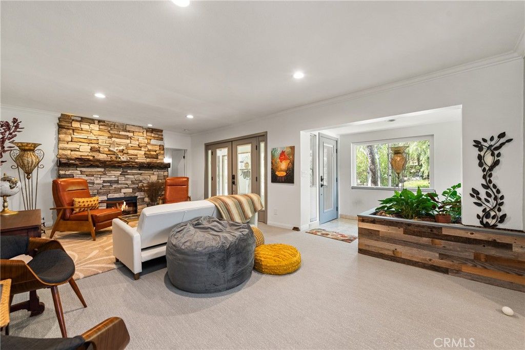 Fireplace, Interior, Living room, Recessed Lighting, Stone Walls