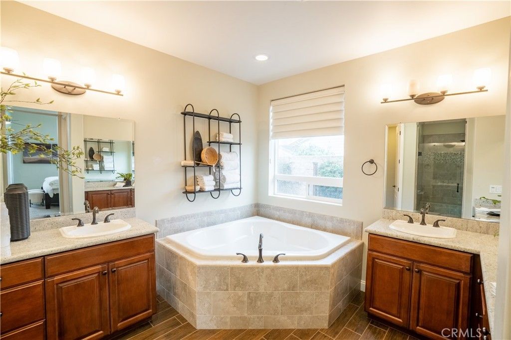 Bathroom, Dual Sink Vanities, Interior, Recessed Lighting, Wood Texture Flooring