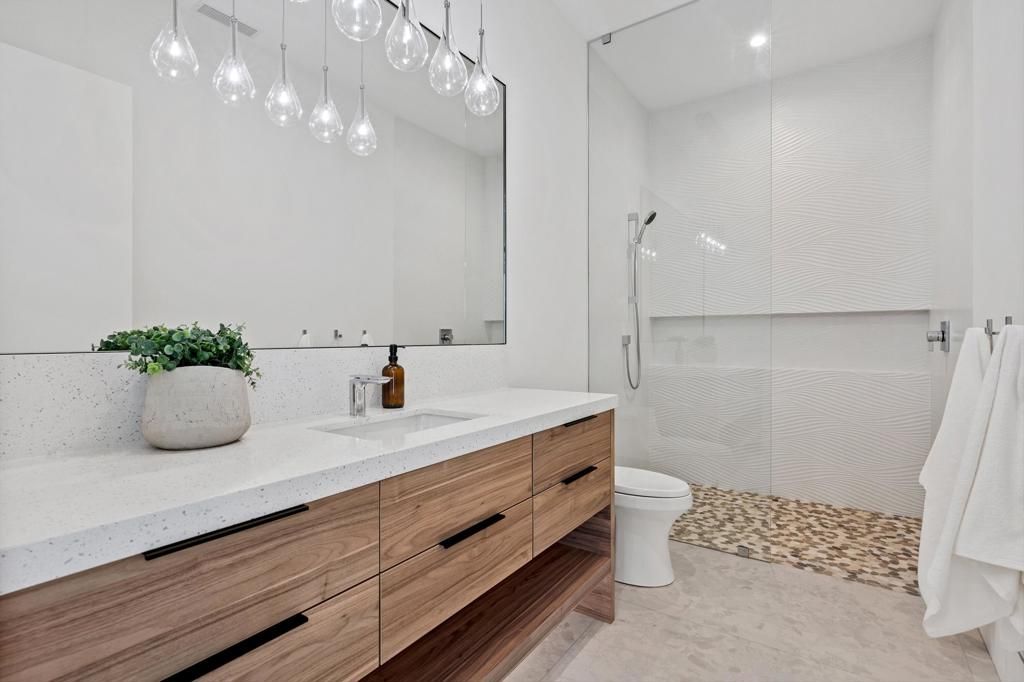 Bathroom, Dual Sink Vanities, Glass Shower, Interior, Pendant Lights, Recessed Lighting