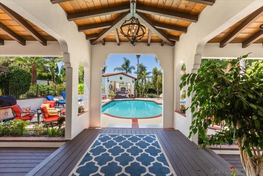 Chandelier, Exterior, Pool, Wooden Beams