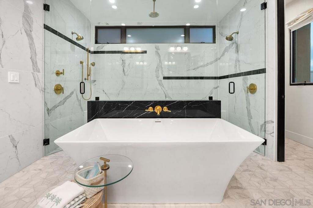 Bathroom, Free Standing Baths, Glass Shower, Interior, Marble, Marble Walls, Recessed Lighting