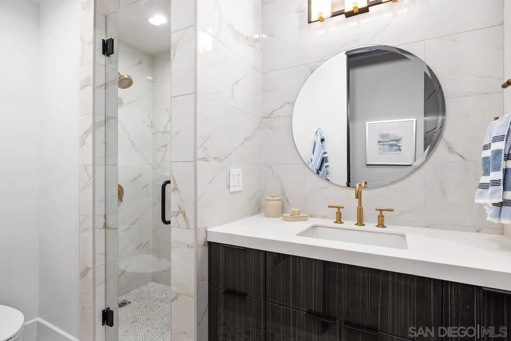 Bathroom, Glass Shower, Interior, Marble Walls, Recessed Lighting