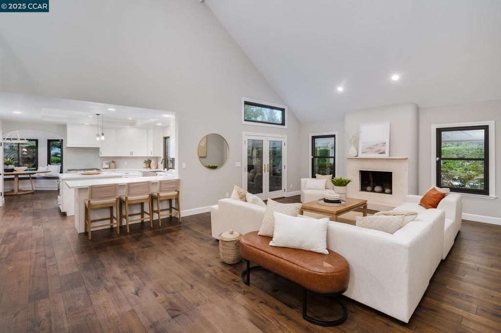 Fireplace, Interior, Kitchen, Living room, Pendant Lights, Recessed Lighting, Wood Texture Flooring