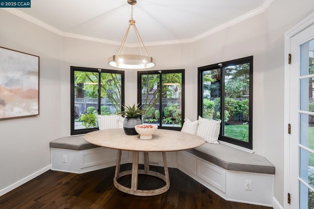 Dining room, Interior, Pendant Lights, Wood Texture Flooring