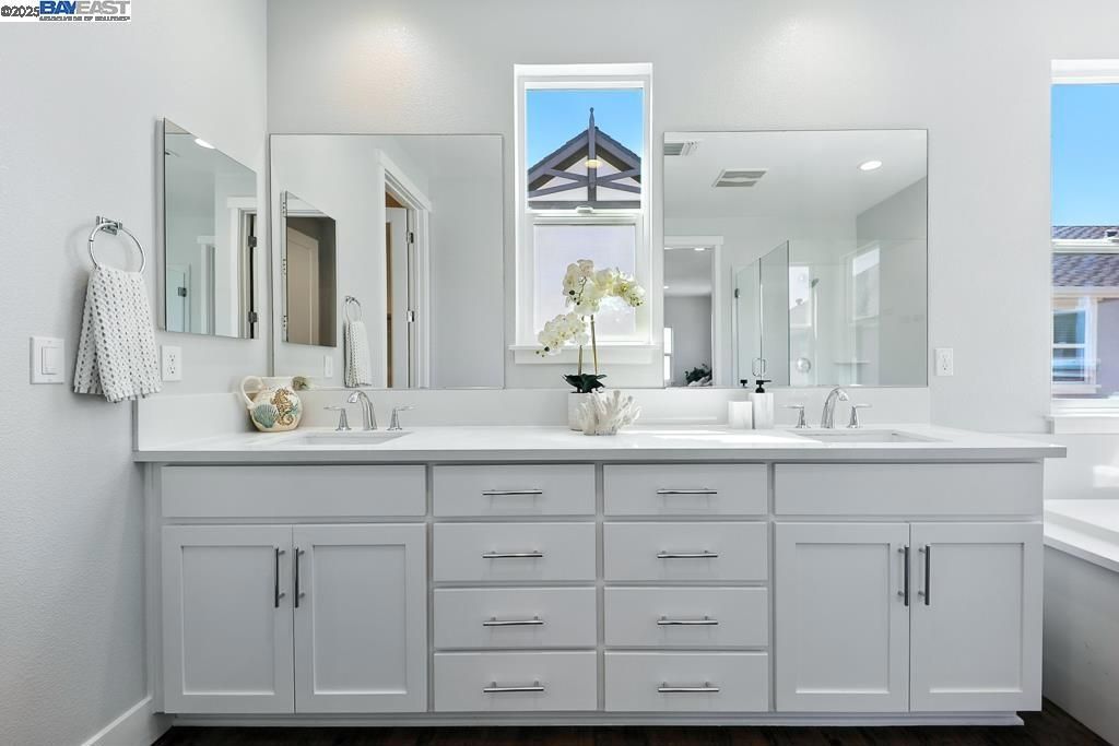 Bathroom, Dual Sink Vanities, Interior, Recessed Lighting, Wood Texture Flooring
