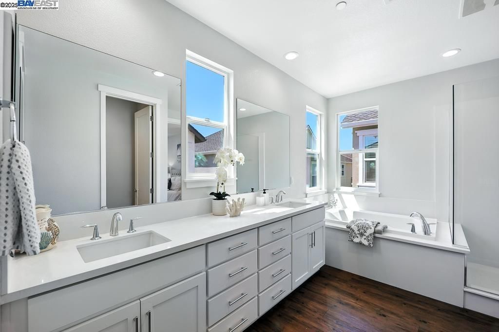 Bathroom, Dual Sink Vanities, Interior, Recessed Lighting, Wood Texture Flooring