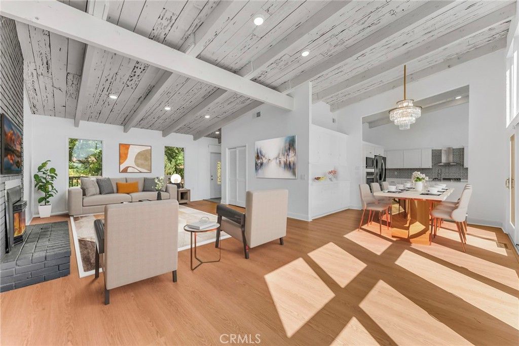Chandelier, Dining room, Fireplace, Interior, Kitchen, Living room, Recessed Lighting, Wooden Ceilings, Wood Texture Flooring