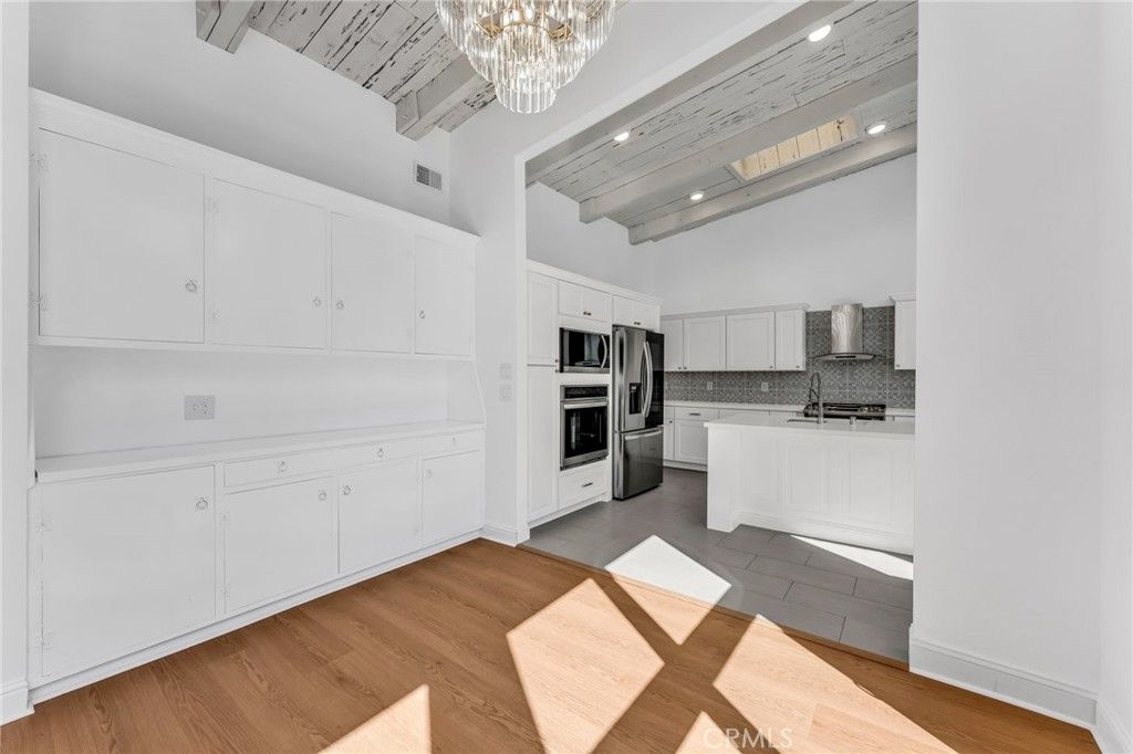 Chandelier, Interior, Kitchen, Recessed Lighting, Stainless Steel Appliances, Wood Texture Flooring