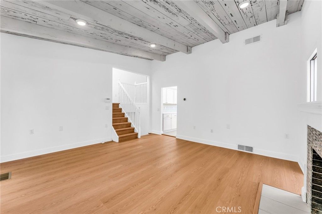 Empty room, Fireplace, Interior, Recessed Lighting, Wooden Ceilings, Wood Texture Flooring