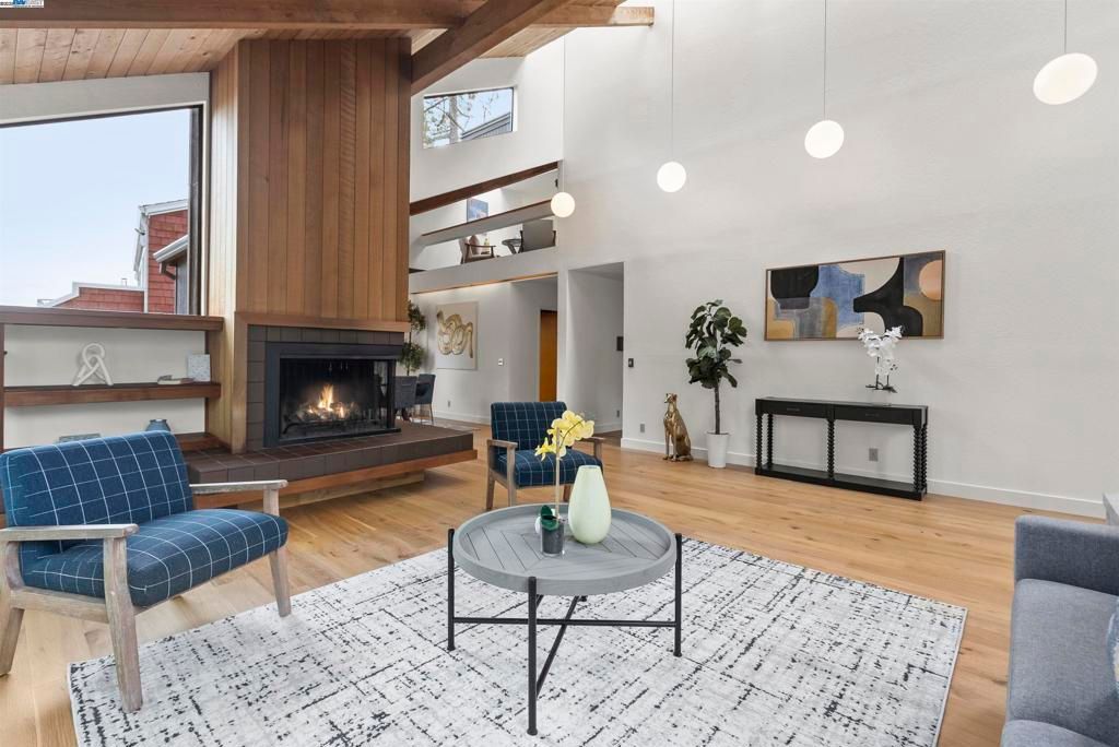Fireplace, Interior, Living room, Pendant Lights, Wooden Beams, Wooden Ceilings, Wood Texture Flooring