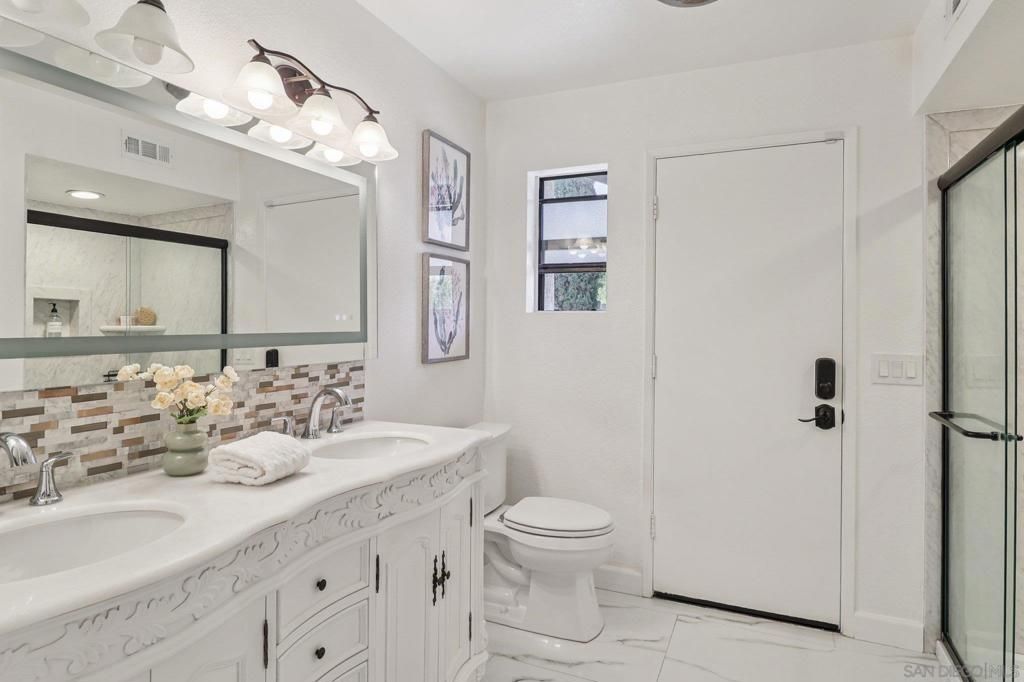 Bathroom, Dual Sink Vanities, Glass Shower, Interior, Marble, Recessed Lighting